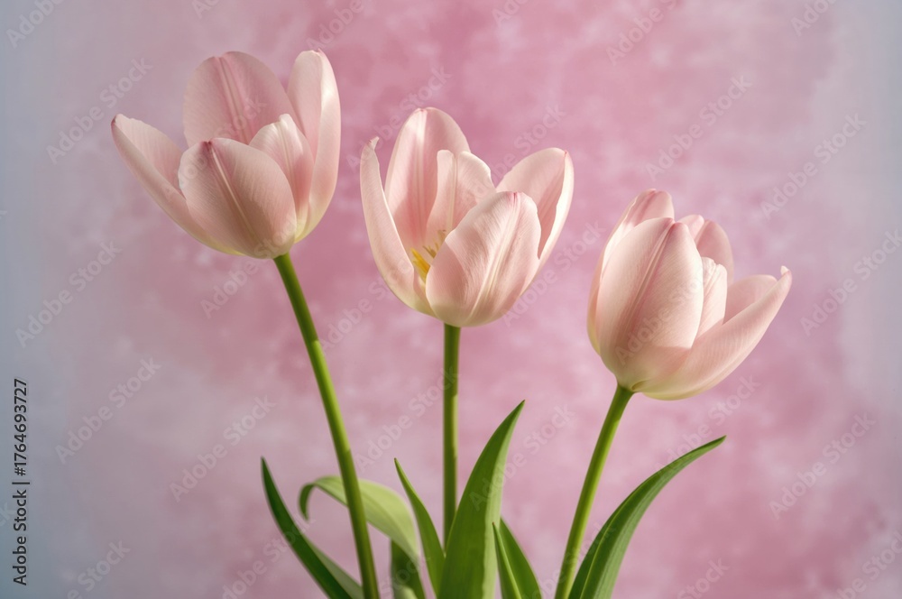 Fototapeta premium Gentle pale pink tulips blossoming on a muted pink background