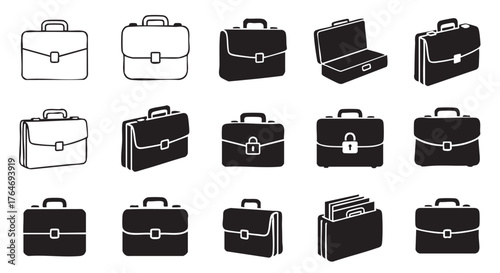 Collection of simple graphic briefcase icons representing different styles and perspectives