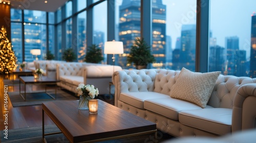 Office, christmas, party, Modern lounge with city view and elegant decor.