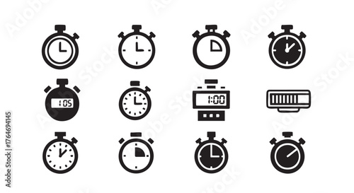 Collection of Stopwatch and Timer Icons in Black and White Style