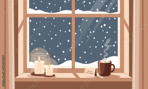 Cozy Christmas Window Scene with Candles, Hot Chocolate, and Snow Falling Outside — Warm Winter Holiday Vector Illustration for Seasonal Greeting or Festive Design