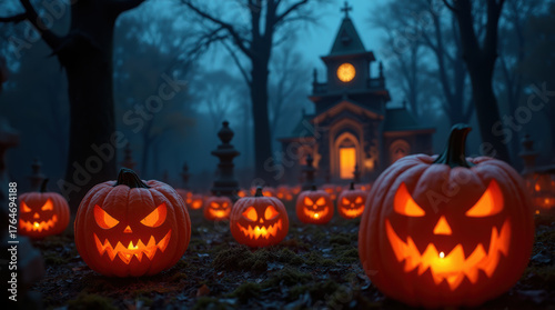 ack O’Lanterns In The Cemetery At Night.