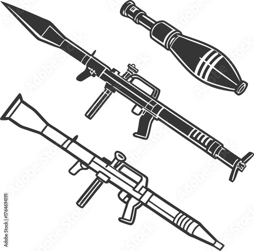 Powerful rocket propelled grenade launchers and ammunition displayed artistically for modern military or historical context
