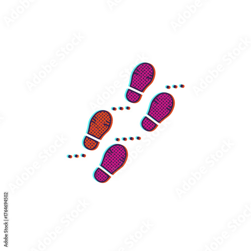 A dynamic icon showcases a progression of colorful footsteps with a distinct glitch art style, emphasizing movement and future steps.