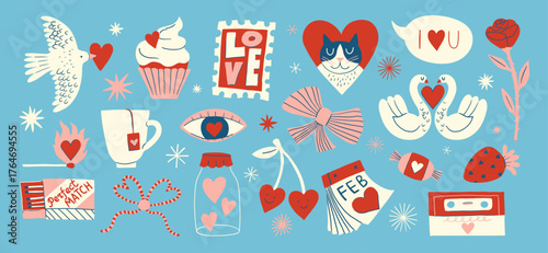 Cartoon cute funny stickers for St. Valentine's Day on February 14 in retro 90s style. Romantic elements, love tape cassette, hearts, love, swans, gifts, matches, rose, sweets, flower. Icon big set.