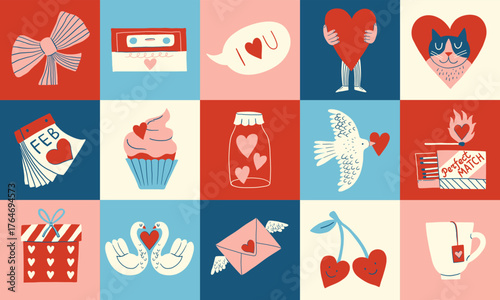 Cartoon cute funny stickers for St. Valentine's Day on February 14 in retro 90s style. Romantic elements, love tape cassette, hearts, dove, love, swans, gifts, matches, cup, sweets illustrations set