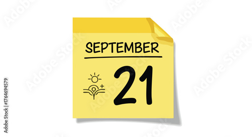 September Twenty-First Date Reminder on a Yellow Sticky Note with Unique Doodle Illustration for Scheduling and Planning Events