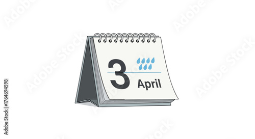 A Simple Desk Calendar Displaying April 3rd with Raindrop Icons Indicating a Rainy Day forecast