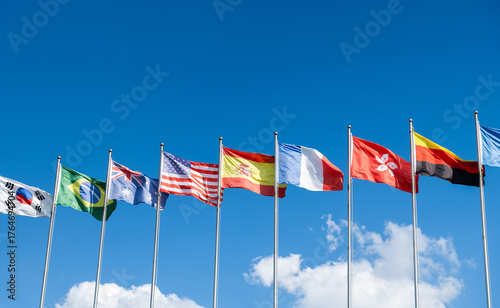 Flags of different countries in the sky