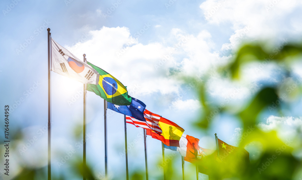 Fototapeta premium Flags of different countries in the sky