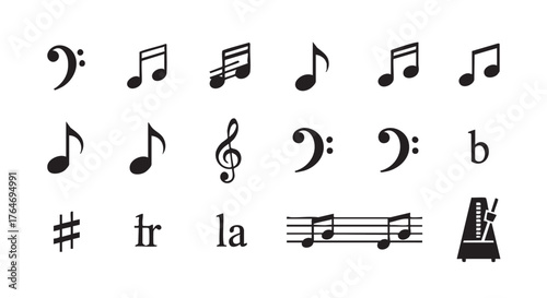 Collection of various music notes symbols and musical notation elements