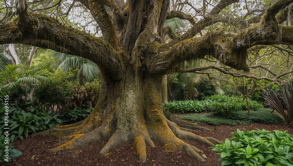 Obraz premium Ancient Tree Covered in Lichen Inside a Botanical Garden