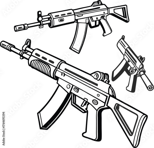 Dynamic collection of modern firearms presented with crisp line art detail for impactful design projects