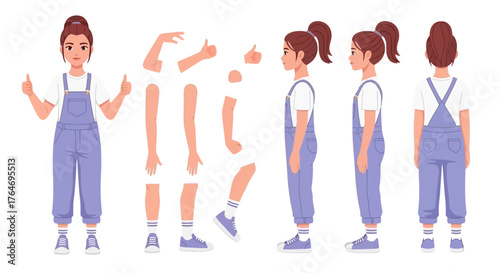 Vector cartoon girl character kit with front, side, back views and separate body parts for animation and graphic design. Smiling female in overalls