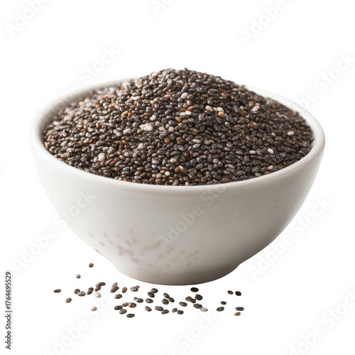 A white ceramic bowl filled with raw chia seeds isolated on a transparent background