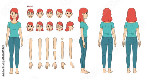 Detailed cartoon female character model sheet featuring full body views, diverse facial expressions, and interchangeable animation elements for 2D projects