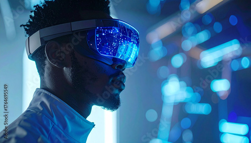 Vision of Tomorrow: A person experiences the future through the embrace of virtual reality. Immersed in a world of advanced technology, where the lines between the tangible and digital begin to blur.
