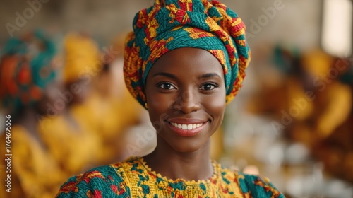 Office, christmas, party, Smiling woman in vibrant traditional attire with colorful headwrap.