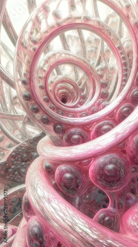 Abstract red and pink spiral fractal with layered translucent curves. Digital surreal concept perfect for backgrounds, visual metaphors and futuristic themes.