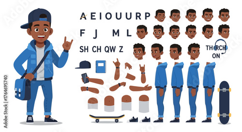 Customizable African American Teen Boy Character Constructor Kit for Diverse Animation and Design Projects, Featuring Various Poses, Facial Expressions, and Accessories