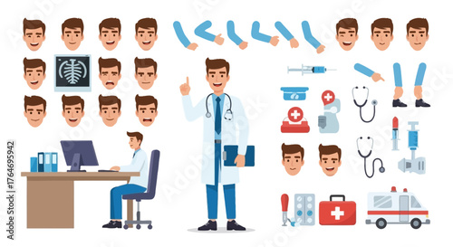 Professional Male Doctor Character Builder Kit Vector Illustration Set with Various Poses, Facial Expressions, and Medical Equipment for Healthcare and Clinic Design