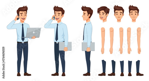 Versatile Cartoon Business Male Character Set with Multiple Actions, Facial Expressions, and Interchangeable Body Parts for Creative Projects