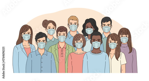 Diverse Group of People Wearing Protective Face Masks Against Viral Outbreak - Public Health and Safety Awareness Illustration