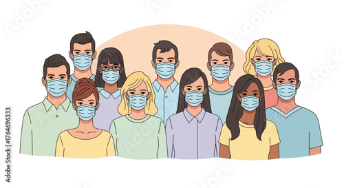 Diverse group of community members from various backgrounds wearing protective medical face masks as a public health measure during a global pandemic for safety and disease prevention