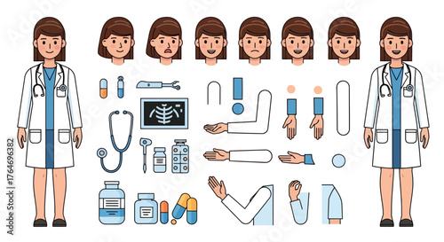Professional Female Doctor Character Builder Kit with Customizable Facial Expressions, Arm Poses, and Essential Medical Instruments for Healthcare Design