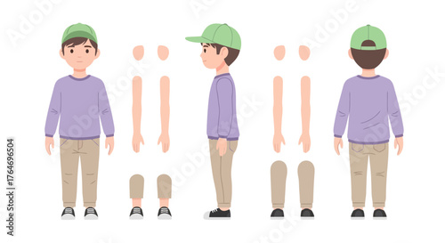 Cute cartoon boy character sheet with separate body parts for animation, showing front, side, and back views