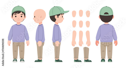 Vector illustration of a little boy character set for animation, showing different angles and separable body parts
