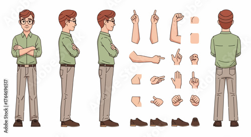 Vector illustration of a male character creation kit featuring a turnaround sheet with various poses and a set of diverse hand gestures for animation