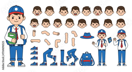 Cartoon schoolboy character constructor set with various facial expressions, poses, and accessories for animation projects