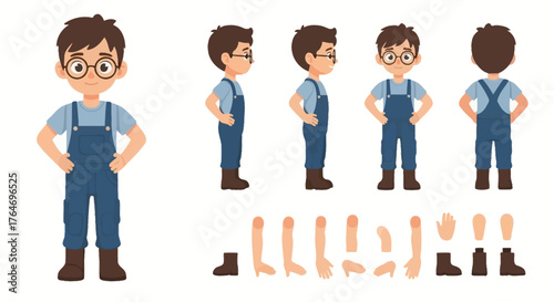 Young boy character creation kit featuring multiple turnaround views and separate limb poses for animation