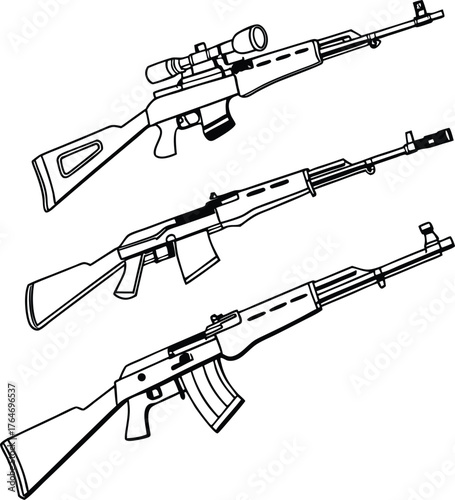 Dynamic collection of three distinct rifles, one with a sniper scope, showcasing firearm design and tactical weaponry.