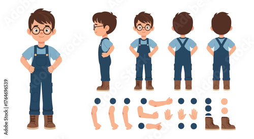 Cartoon boy character creation set in overalls with glasses, featuring turnaround views and separate body parts for animation