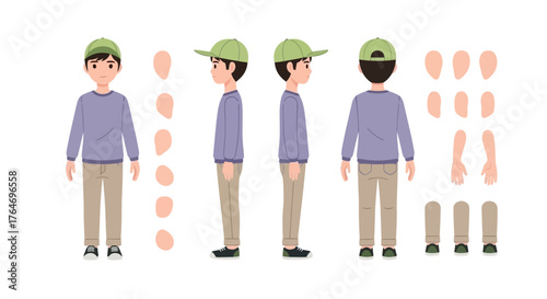 Vector illustration of a boy character sheet with various views and separate parts for animation