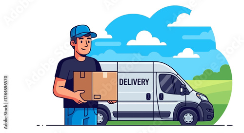 Young courier in uniform holding a parcel in front of a delivery truck, concept of logistics and shipping services