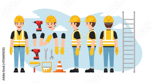 Construction worker character creation kit with different poses, facial expressions, and tools for animation projects