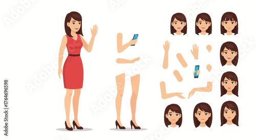 Female character constructor set for creating animations and illustrations with various poses, gestures, and emotions