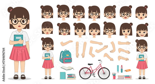 Customizable cute schoolgirl character creation set with various facial expressions, poses, and school supplies for animation