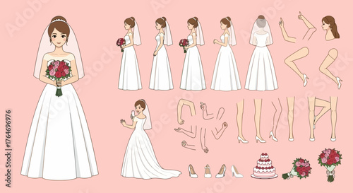 Beautiful cartoon bride character constructor set with various poses, gestures, and separated body parts for creating custom wedding designs and animation