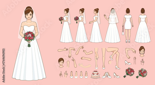 Anime bride character creation set with various poses, dresses, and interchangeable body parts for a paper doll constructor