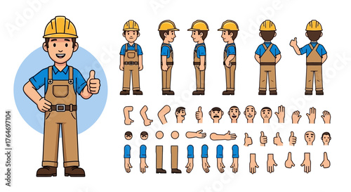 Versatile Construction Worker Mascot Character Set for Animation with Customizable Poses and Emotions