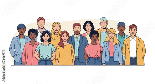 Vector art illustration of a diverse and multicultural group of people standing together as a community