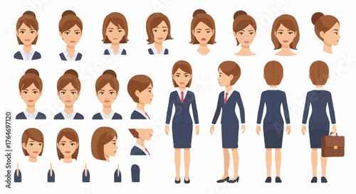 Vector set of a businesswoman character with different views, facial expressions, and hairstyles for animation