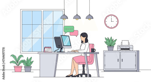 Modern Office Space with Woman at Computer and Desk Plants