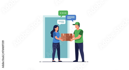 Delivery Service Woman Receiving Package from Courier with Speech Bubbles