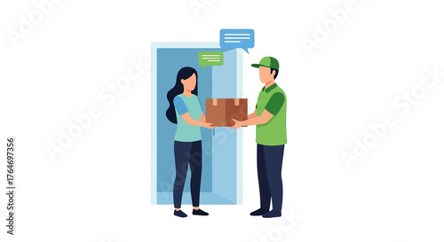 Contactless Delivery Woman Receiving a Package from Delivery Person at Her Door