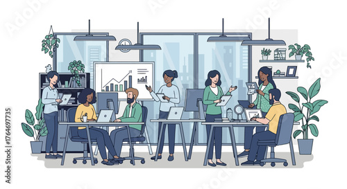 A diverse team collaborates on a project in a modern office setting with data visualization